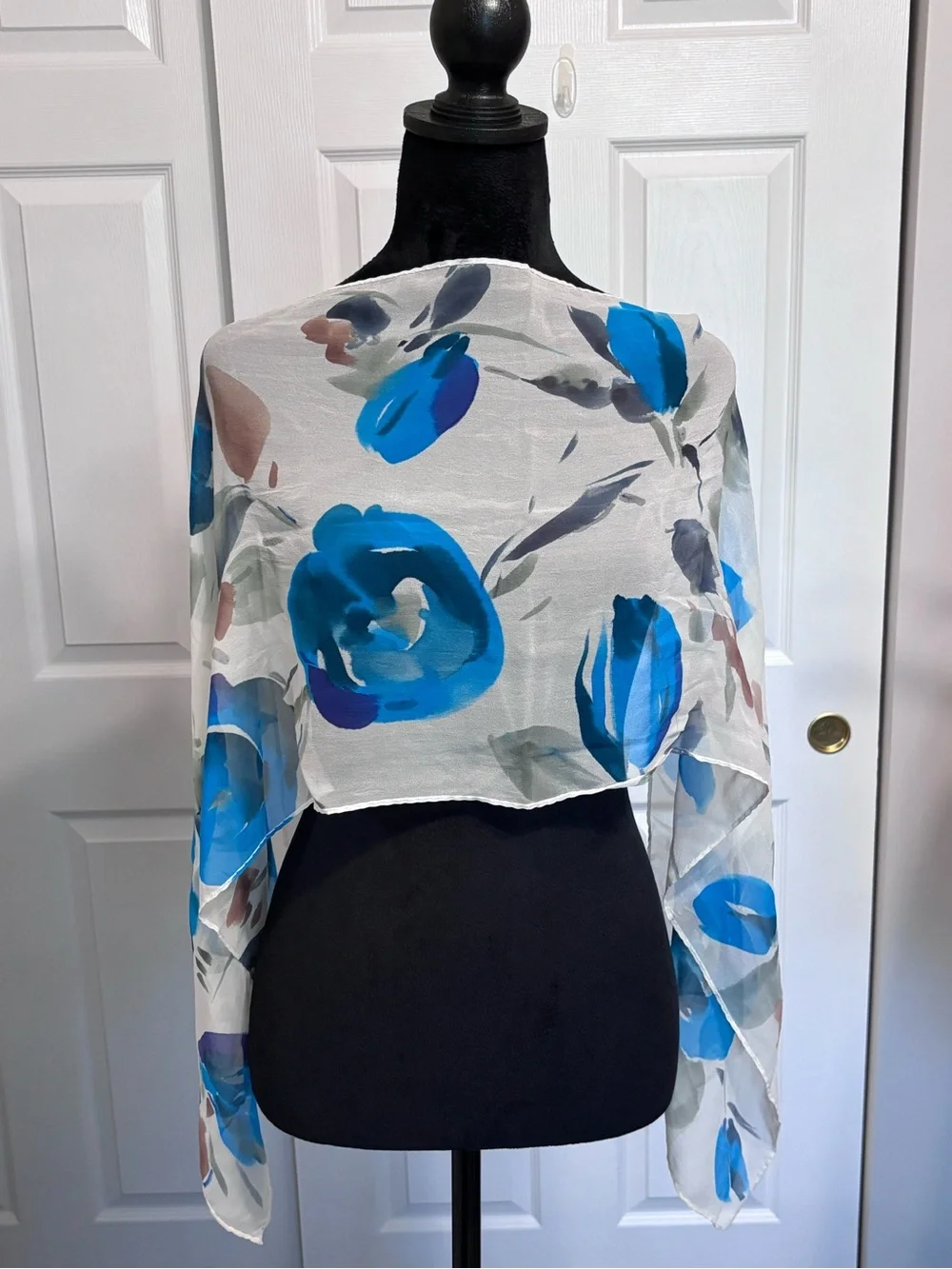 Artist Signed Watercolor Floral Sheer Chiffon Scarf Blue Gray White Oblong Wrap